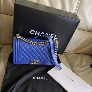 Chanel Boy Medium Flap Bag Quilted Blue Lambskin Silver Chain ITALY